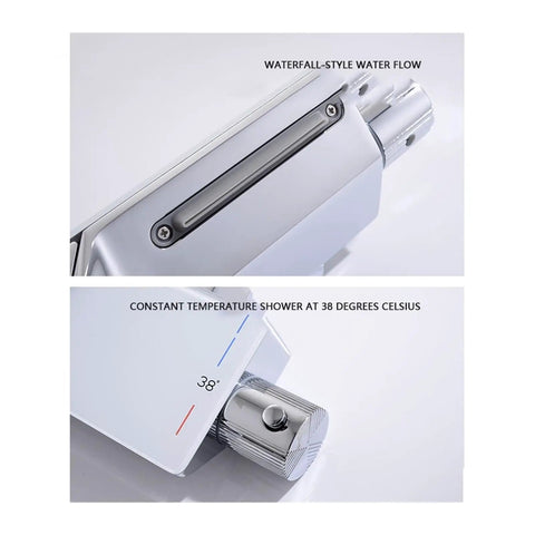 RIBEUJIZS Digital Shower System showing waterfall-style water flow and temperature control at 38 degrees Celsius, sleek design.