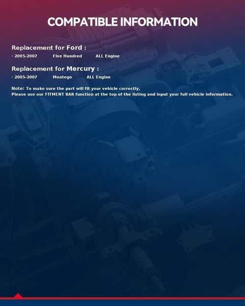 Image showing compatible information for Electric Fuel Pump Assembly For Ford Five Hundred and Mercury Montego 2005 to 2007.