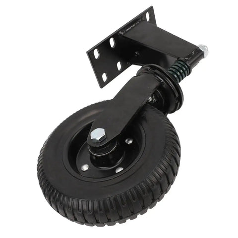 Set Of Two Eight Inch Gate Wheel Casters Featuring Silent Spring Suspension And Tough As Nails Steel Rubber Construction Supporting Six Hundred Pounds For Smooth Swing Gate Mobility, showing eight-inch black rubber wheel with steel bracket.