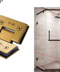 Heavy Duty Brushed Gold Shower Door Hinges With Double Pivot Design And Anti Slip Gasket Built Tough As Nails From 304 Stainless Steel mounted in modern shower.