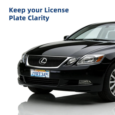 Unbreakable License Plate Covers with Screws in use on a black car, showcasing Impact Resistant ABS Front and Rear Protectors
