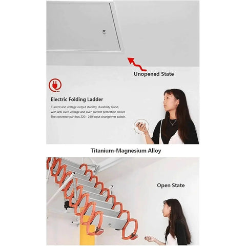 Hella Rugged Telescoping Pull Down Attic Stairs With Smooth Electric Loft Ladder, showing open state and user with remote.