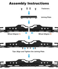 Assembly instructions for Pro Grade Wheel Alignment Tool With Two Tape Measures And Wrench Set showing fasteners and joining plate.