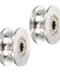 Badass Heavy Duty 2 Pack Sliding Gate Track Rollers 1.89 Inch Wide Body U Groove Wheels with shiny stainless steel finish.