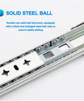 One Pair 28 Inch Heavy Duty Drawer Slides With Lock And 250 Lb Load Capacity Full Extension Side Mount Ball Bearing Drawer Rails Built Like A Tank Rock Solid, close-up of solid steel ball structure for stable sliding.