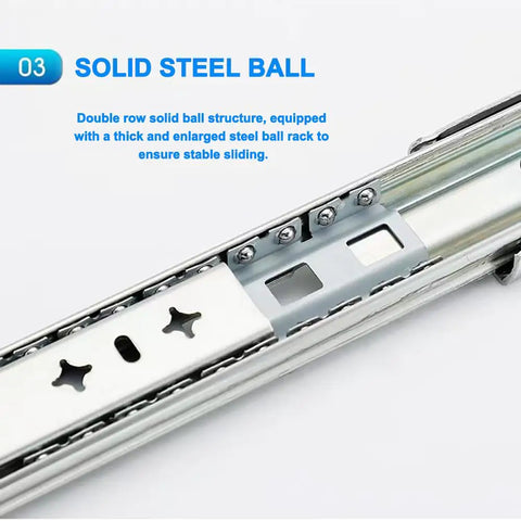 One Pair 28 Inch Heavy Duty Drawer Slides With Lock And 250 Lb Load Capacity Full Extension Side Mount Ball Bearing Drawer Rails Built Like A Tank Rock Solid, close-up of solid steel ball structure for stable sliding.
