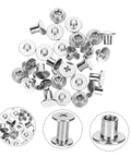 Close-up of carbon steel binding screws and scrapbook post fasteners for photo albums, silver finish, durable twist lock system.