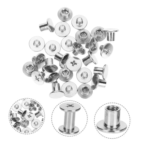 Close-up of carbon steel binding screws and scrapbook post fasteners for photo albums, silver finish, durable twist lock system.