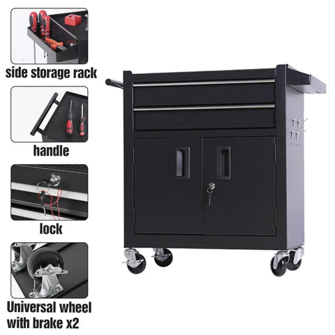 Real Deal Rolling Tool Chest With Two Secure Lockable Drawers And Heavy Gauge Cold Rolled Steel Build Designed Tough For Shop Grind And Weekend Warriors In Matte Black featuring side storage, handle, lock, and wheels.