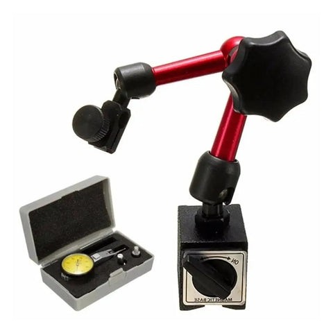 Pro Grade Dial Indicator Magnetic Stand With Bore Gauge And Micrometer Tools For Precision Measurements Hour Type Indicator And Comparator Watch Magnetic Base Stand For Metrology And Precision Machining Tasks, red metal arms