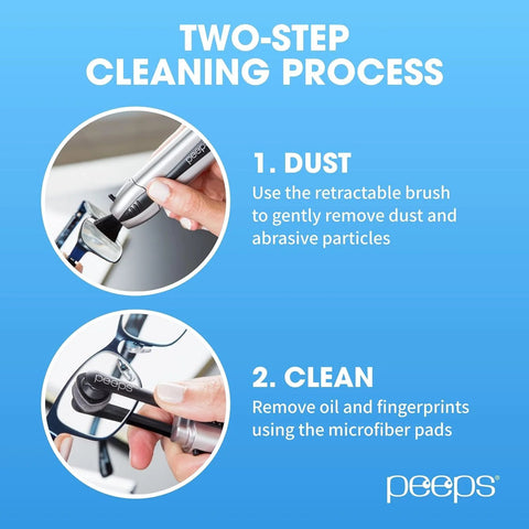 Two-step Peeps eyeglass cleaner infographic: dust with retractable brush, then clean with microfiber pads