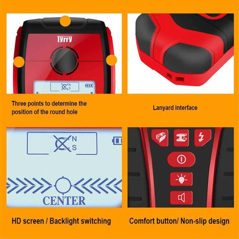 Heavy Duty 4 In 1 Electronic Stud Finder And Wall Scanner display showing screen, buttons, and lanyard interface for precise wall scanning.