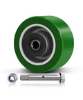 Heavy Duty Polyurethane Casters With Aluminum Core Wheels And Extra Thick Tread For Smooth Rolling And Kick Butt Performance In Industrial Warehouses Set Of 100, green wheel with metal core.