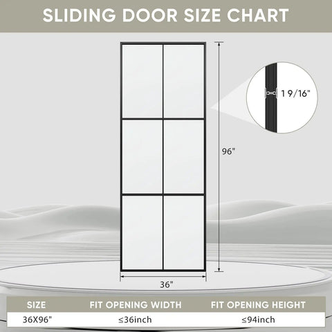 Sliding door size chart for Heavy Duty Three Panel Sliding Barn Door With Crisp Tempered Glass And Dark Aluminum Frame.