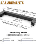 30 Pack 5 Inch Matte Black Cabinet Pulls Square Stainless Steel Drawer Handles with measurements shown