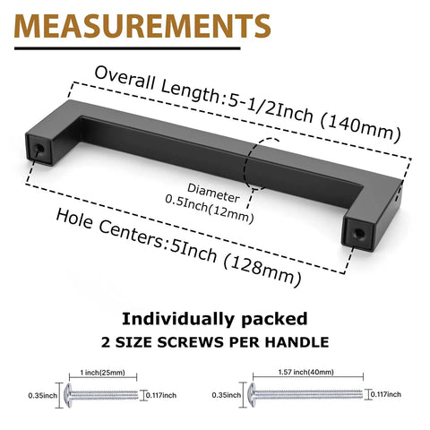 30 Pack 5 Inch Matte Black Cabinet Pulls Square Stainless Steel Drawer Handles with measurements shown