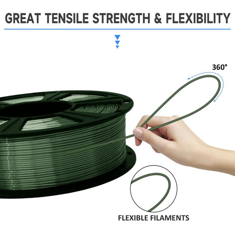 Shiny Silk Green PLA Filament For 3D Printers 1.75Mm Diameter 1Kg Spool being handled, showcasing its flexibility and strength.