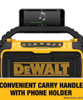Front view of 20V Max Bluetooth Jobsite Speaker with 100 ft range durable build dual speakers rich stereo sound built-in phone holder