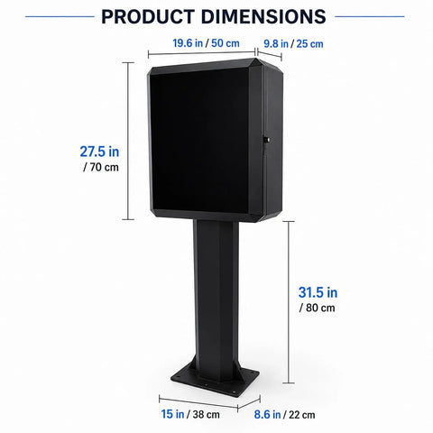 Beast Mode Weatherproof Ev Charger Enclosure With Premium Heavy Duty Pedestal Stand And Secure Combo Lock dimensions on display.