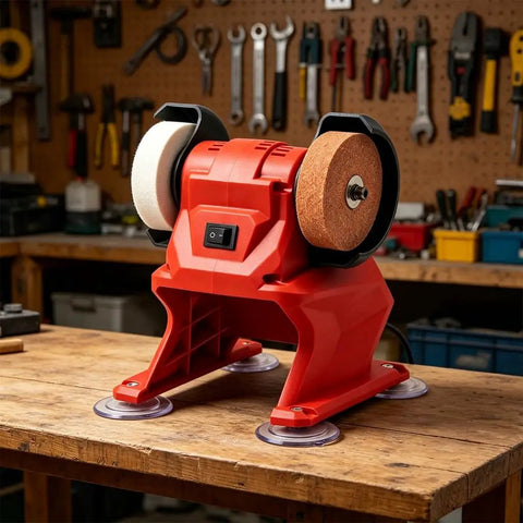 Badass Performance Compact 21V Cordless Bench Grinder with dual wheels on a workbench, ideal for grinding and finishing tasks.