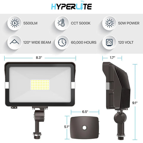 Top Shelf 50W LED Flood Lights 2 Pack With Flex Knuckle Wall Mount, measures 8.3x9.1 inches, 5500 lumens daylight output.