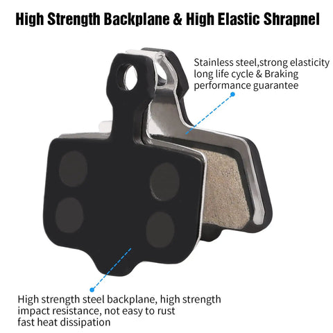 Close-up of copper semi-metallic mountain bike disc brake pads for hydraulic brakes, highlighting the stainless steel backplane.
