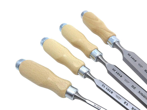 Bevel Edge Wood Handle Chisel Set Four Piece For Real Woodworking, Pro Grade CrMn Steel Blades, Ergonomic Oval Handles, Czech Made Hand Tools