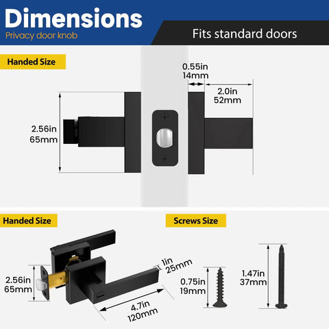 Heavy Duty Matte Black Interior Door Handles 10 Pack Keyless Privacy Door Levers For Bathroom Top Shelf dimensions and sizes displayed