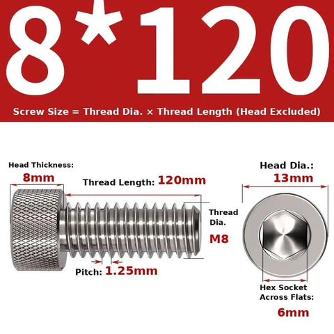 Rock Solid TA1 Titanium Hex Socket Cap Screws, M8 Metric Thread With Knurled Grip Head, Heavy Duty Fasteners Built Tough For Truck Restoration And Precision Engineering Projects Pack Of Five showing sizes 8x120mm and hex socket details.