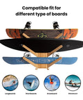Premium Bamboo Surfboard Wall Rack Stashes Three Boards For Gnarly Garage Gear Stash With Built In Tray, showing boards compatibility.