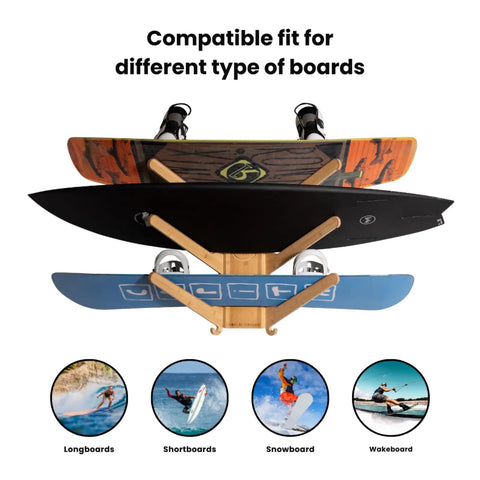 Premium Bamboo Surfboard Wall Rack Stashes Three Boards For Gnarly Garage Gear Stash With Built In Tray, showing boards compatibility.