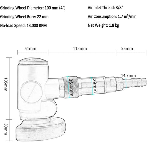 Heavy Duty 4 Inch Pneumatic Angle Grinder Pro Grade Air Powered Grinding Machine Runs Smooth With Slick Side Exhaust Venting dimensions and specifications.
