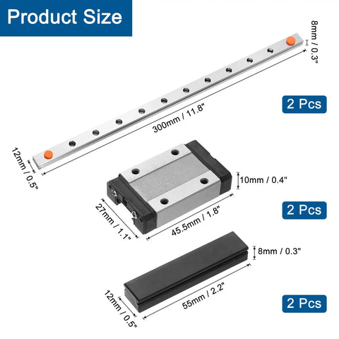 Dimensions of Two Pack 300mm Linear Guide Rails With Two MGN12H Carriage Blocks And Two Mini MGN12 Guides shown in image.