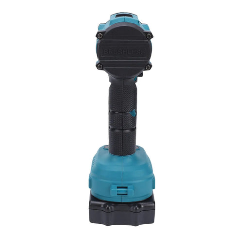 Badass Brushless Cordless Drill Kit With Heavy Duty Lithium Ion Battery Pack and Rock Solid Fifty Five Newton Meter Torque rear view showing grip and battery.