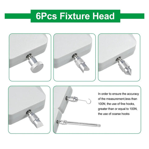 6Pcs fixture head for Top Shelf Professional Digital Force Gauge Push Pull Tester Meter, featuring adjustable components for accurate testing.