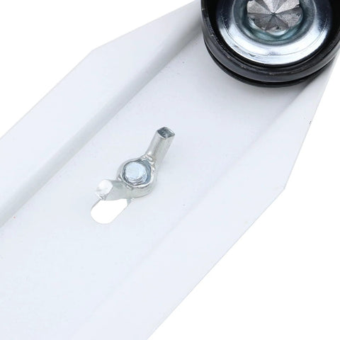 Close-up of a side view of 2-Pack Mobile Pulley Holders For Oil Filled Radiator, Iron Construction With White Wheel Design.
