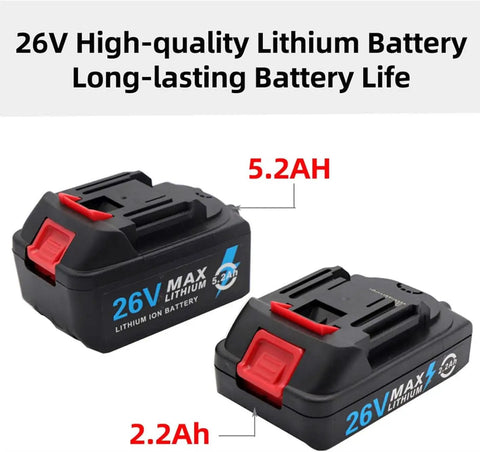 Beast Mode 26V Cordless Electric Rivet Gun battery pack with 5.2Ah and 2.2Ah capacities for extended use in power tools.