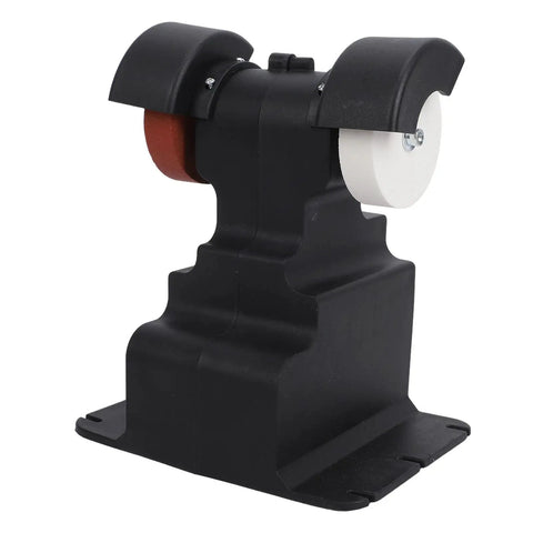 Cordless Mini Bench Grinder Battery Powered With Heavy Duty Copper Motor And Dual Grinding Stones angled view of black base and grinding wheels