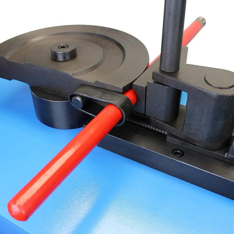High Octane Programmable Electric Tube Bender With 2Hp Motor Hits 1680 Rpm Features PLC control showing red tubing and metal components.