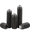 Heavy Duty Spring Ball Plunger Set Built Like A Badass Hex Socket Grub Screws In Durable Carbon And Stainless Steel Metric Sizes Five Pack showing black metal plungers.