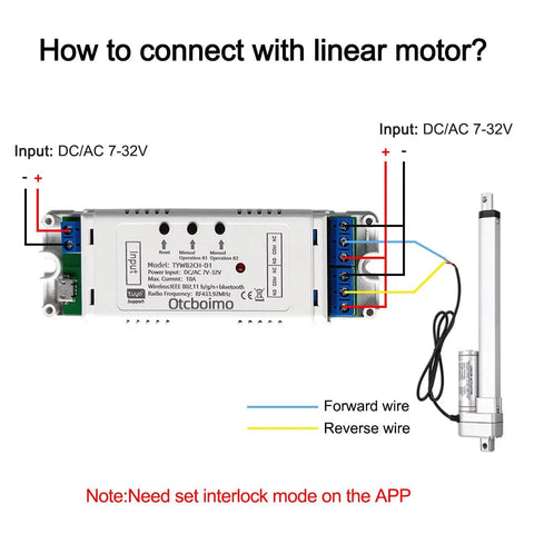 Otcboimo two-channel WiFi actuator controller module with DC input terminals wired to a vertical linear actuator