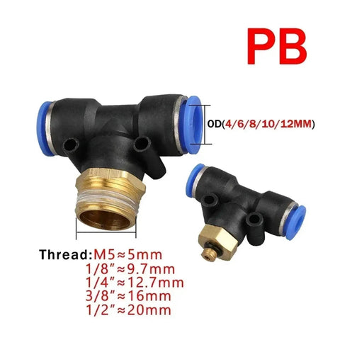Twenty Piece Pneumatic Air Fittings Kit Tube Connectors In 10mm 12mm 14mm 16mm With M5 Threads Three Quarters Inch And One Half Inch Hose Adapters Includes 1 Way And 2 Way Pipe Connectors, black plastic brass fitting