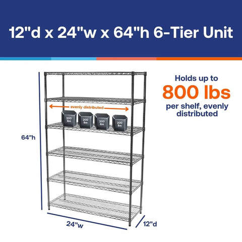 Heavy Duty Chrome Wire Shelving Rack 24 By 12 By 64 Inches With Six Adjustable Shelves Handling Eight Hundred Pounds Each, displayed with weight capacity.