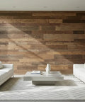Spacious living room featuring a rustic walnut brown oxidizing wood stain accent wall with white sofas and modern decor.