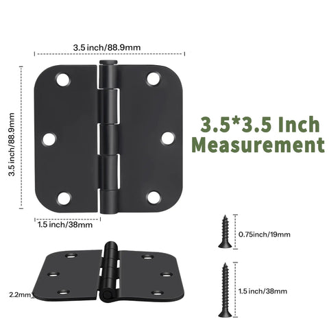 Heavy Duty 3.5 Inch Matte Black Door Hinges With 5 8 Inch Rounded Radius and Silky Smooth No Squeak Nonsense Operation For Seamless Interior Or Exterior Residential Install And Rock Solid Everyday Reliability showing measurements.