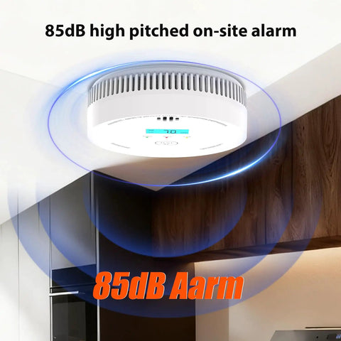 Keep Your Pad Secure With This Smoke Detector And Air Quality Monitor Sporting A Ten Year Runtime Super Bright Display Fast Reaction Sensors No Drama Setup Immediate Emergency Alerts Built Strong For Everyday American Home Safety Needs ceiling mounted smoke detector with LED display and 85dB alarm in kitchen setting.