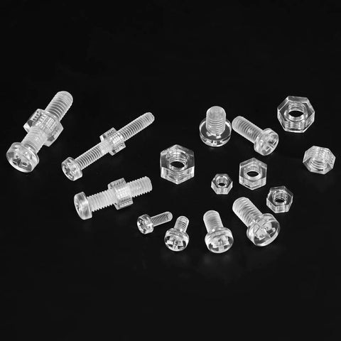 30 Pack Clear Plastic Machine Screws And Hex Nuts Kit M3 X 10mm Cross Recessed Round Head Bolts assortment on a black background.