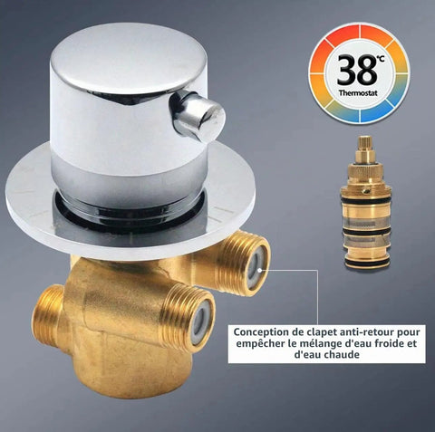 Heavy Duty Four Way Brass Shower Diverter Valve With Tight Multi Port Flow Routing For Quick Bathroom Upgrades And Zero Stress Temperature Tweaks For Rock Solid Daily Performance, chrome top with brass body.