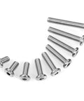 10 M10 X 30mm Low Profile Socket Head Cap Screws 304 Stainless Steel Hex Drive Bolts arranged in a semi-circle for rig building.