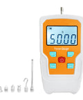 Badass Digital Force Gauge Push Pull Meter Dynamometer Tension Tester with display showing 50N and interchangeable nozzles.